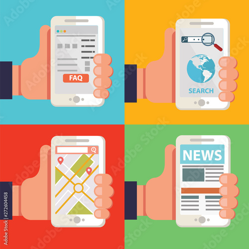 Hands holding smartphones with different apps, news, faq, navigation, browser