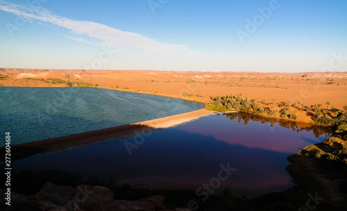 Sunset aerial Panoramic view to Yoa lake group of Ounianga kebir lakes at the Ennedi, Chad