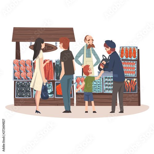 Seafood Market with Freshness Fish Products on Counter, Street Shop with Male Seller and Customers Vector Illustration