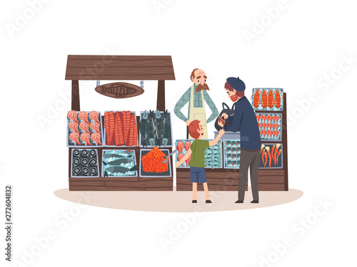 Seafood Market with Freshness Fish on Counter, Street Shop with Male Seller and Customers Vector Illustration