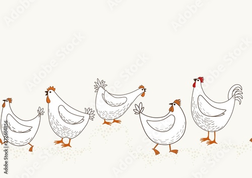 Seamless pattern of hand drawn cute cartoon chicken