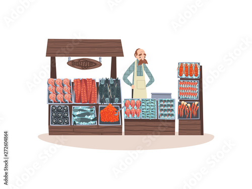 Seafood Market with Freshness Fish on Counter, Street Shop with Male Seller Vector Illustration