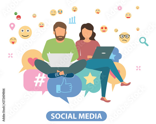 Vector illustration concept of social media. Creative flat design for web banner, marketing material, business presentation, online advertising.