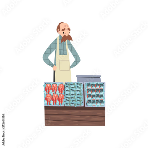 Seafood Market with Freshness Fish on Counter and Male Seller Vector Illustration