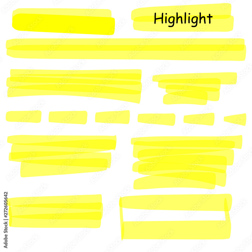 Hand drawn highlight marker lines set. Highlighter yellow strokes vector isolated on white background. Highlighter drawing design illustration. Hand drawn highlight marker lines set. Highlighter yellow strokes vector isolated on white background. Highlighter drawing design illustration.