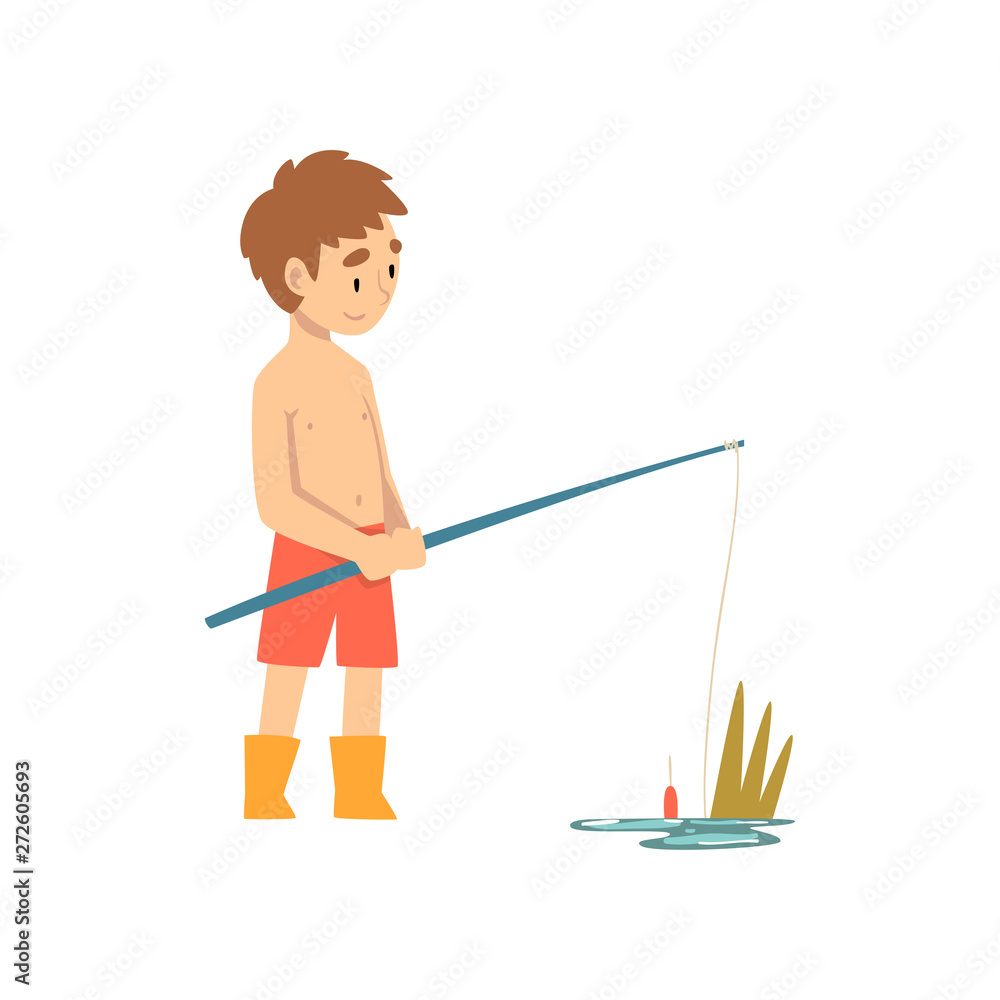 Cute Boy Fishing with Fishing Rod, Little Fisherman Cartoon Character  Vector Illustration Stock Vector