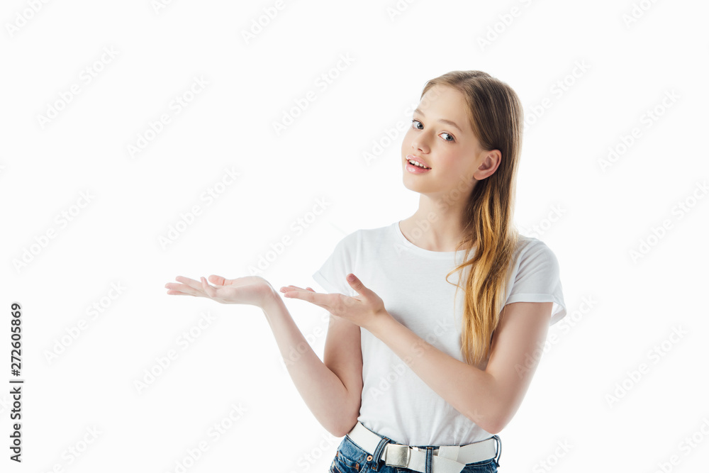 smiling teenage girl pointing with hands away isolated on white smiling teenage girl pointing with hands away isolated on white