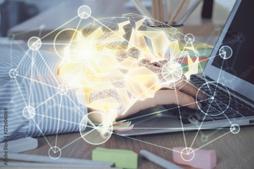 Man typing on keyboard background with brain hologram. Concept of big Data. Double exposure. Man typing on keyboard background with brain hologram. Concept of big Data. Double exposure.