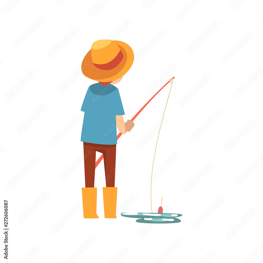 Cute Boy with Fishing Rod, Back View, Little Fisherman Cartoon ...
