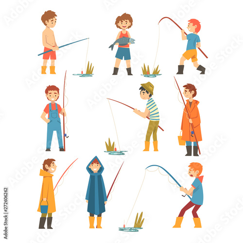 Cute Boys with Fishing Rods Set, Little Fishermen Cartoon Characters Vector Illustration