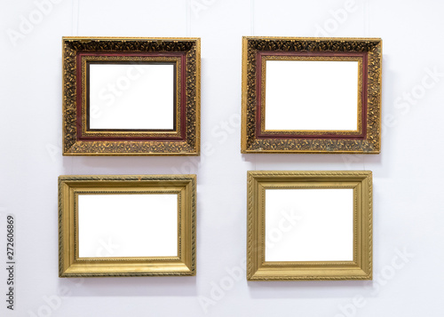 Blank empty frames hanging on museum wall. Art gallery, museum e