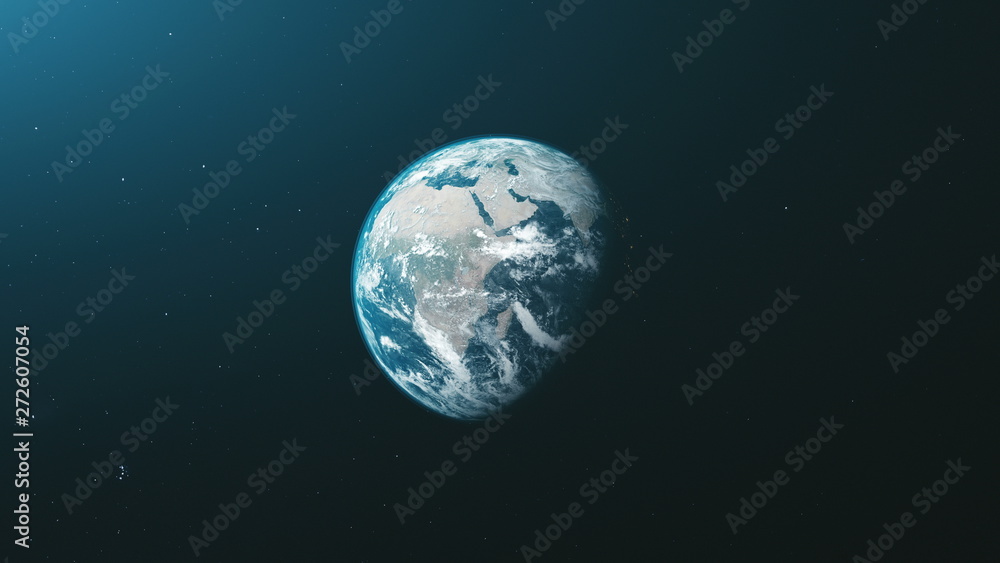 Fototapeta premium Earth Orbit Zoom Reverse Open Space Background. Rotate Planet Solar System Soft Sun Beam Celestial Constellation Universe Map Travel Concept 3D Animation