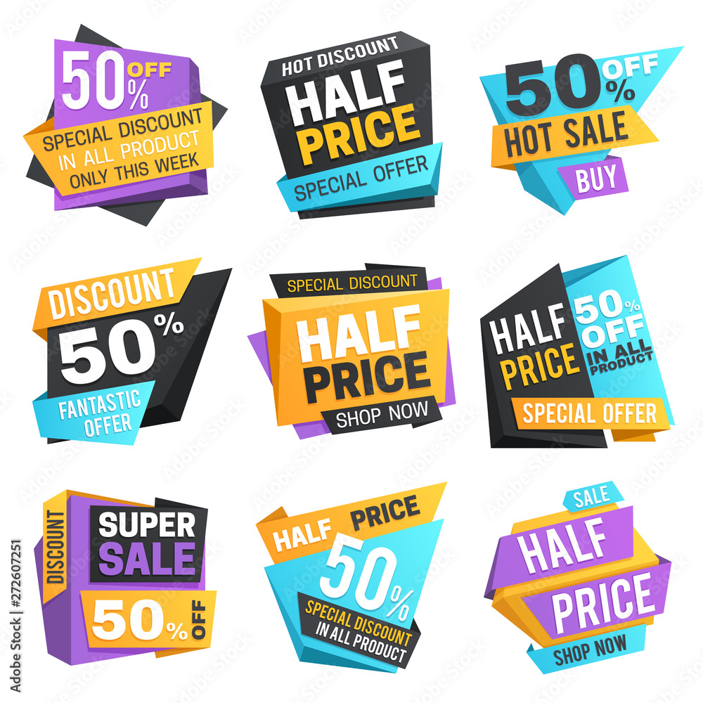 Half price labels. Super 50 off discount sale pricing tags. Vector set. Illustration of price discount label, promotion offer sale sticker