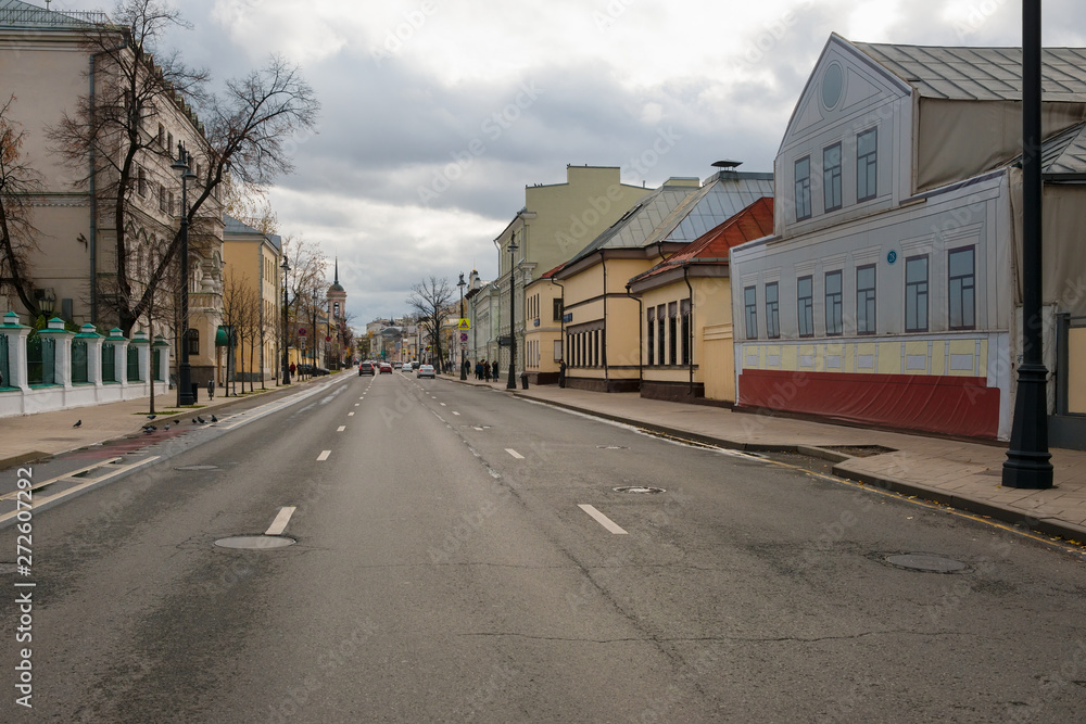MOSCOW - OCTOBER 27, 2018: View on Ordynka street on an autumn day in bad weather MOSCOW - OCTOBER 27, 2018: View on Ordynka street on an autumn day in bad weather