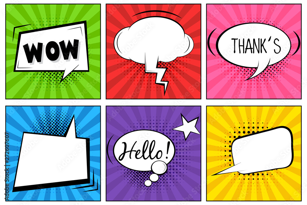 Hello Wow Thank S Comic Speech Bubbles Pop Art Vector Label Illustration Vintage Comics Book Poster On Bright Background Colored Funny Font Stock Vector Adobe Stock