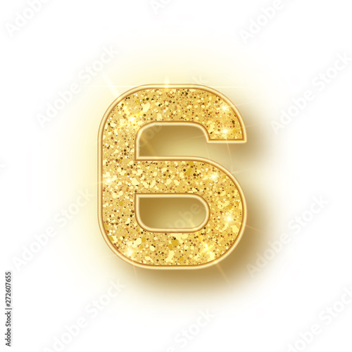 Gold glitter alphabet numbers 6 with shadow. Vector realistick shining golden font number six of sparkles on white background. For decoration of cute wedding, anniversary, party, label, headline