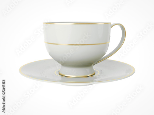 Isolated antique porcelain cup with gold on white background. 3D Illustration