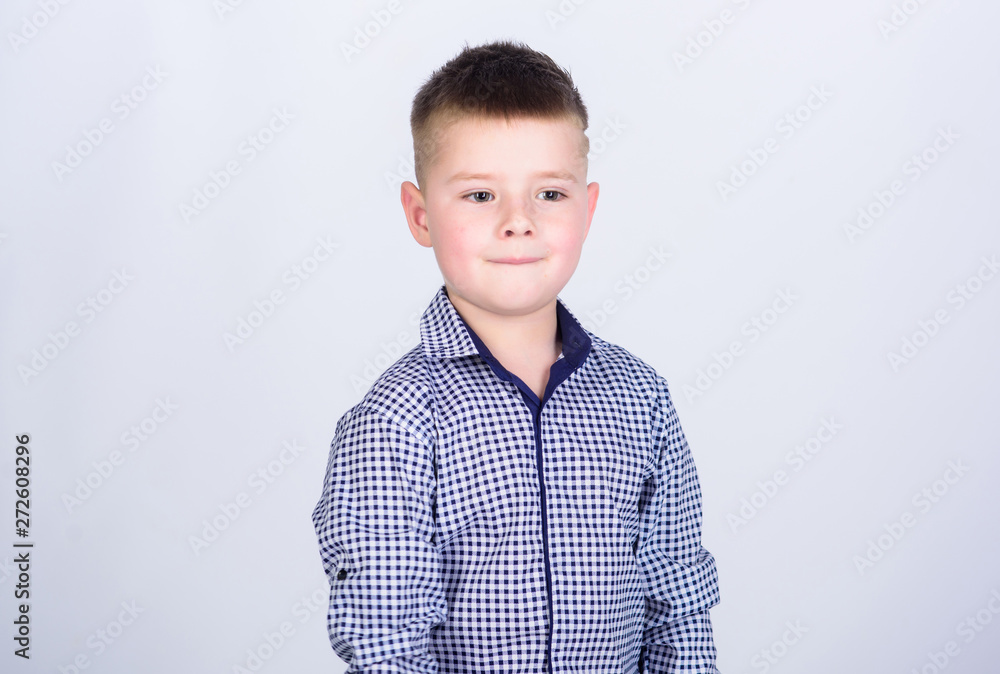 Boy modern hairstyle wear formal style shirt light background. Confident guy  enjoy fashionable outfit. Try being handsome and stylish. Know lot about  style. Found his style. Adorable small kid Stock Photo |