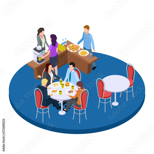 Business people on a coffee break isometric vector illustration. Business breakfast drink coffee and eat food