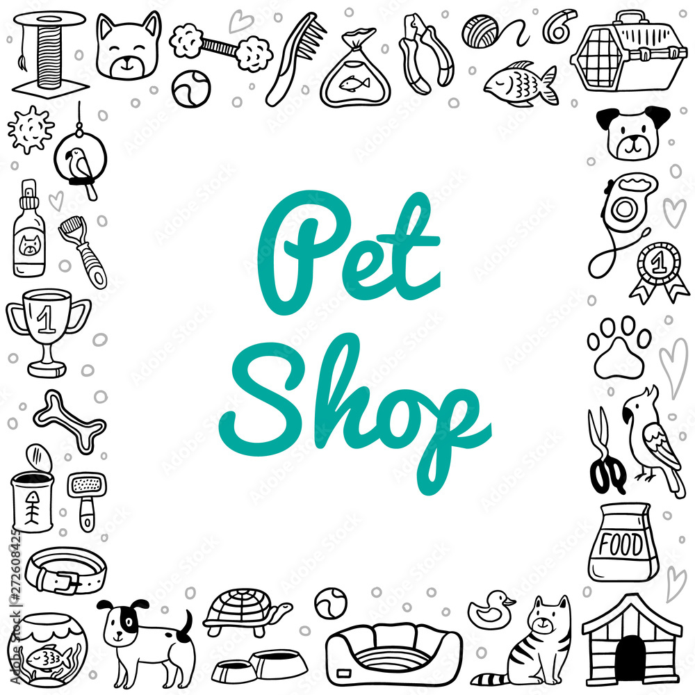 Doodle goods for a pet shop in a cartoon style. Vector illustration with pets and stuff like kennel, leash, food, paw, bowl and other care elements.