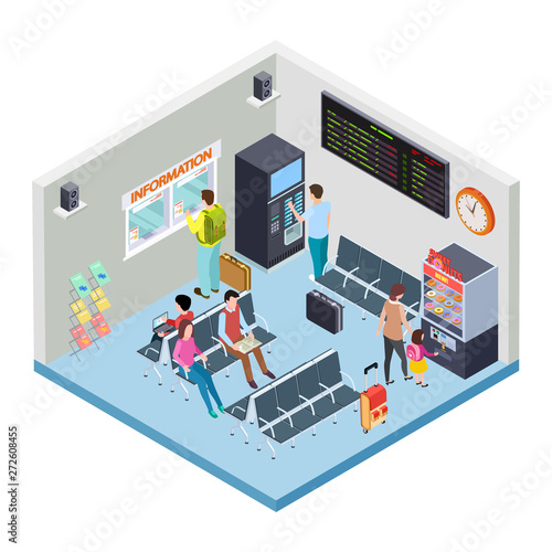 Railway, bus station or airport waiting area isometric vector concept. Illustration of airport station, railway terminal lounge room with schedule