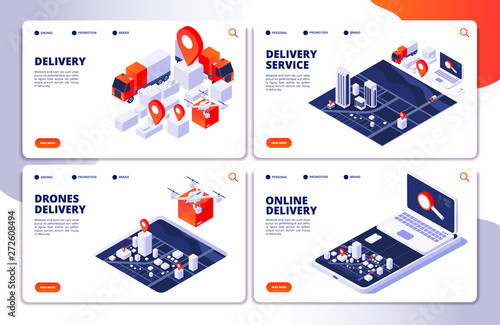 Delivery services vector landing pages of collection. Online delivery service page, retail order illustration
