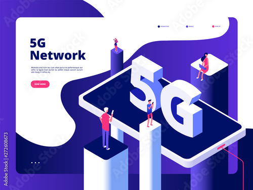 5g concept. Smartphone broadcaster 5g technology internet broadband fifth hotspots wifi global network telecommunication vector. 5g isometric telecommunication, 5th generation internet illustration