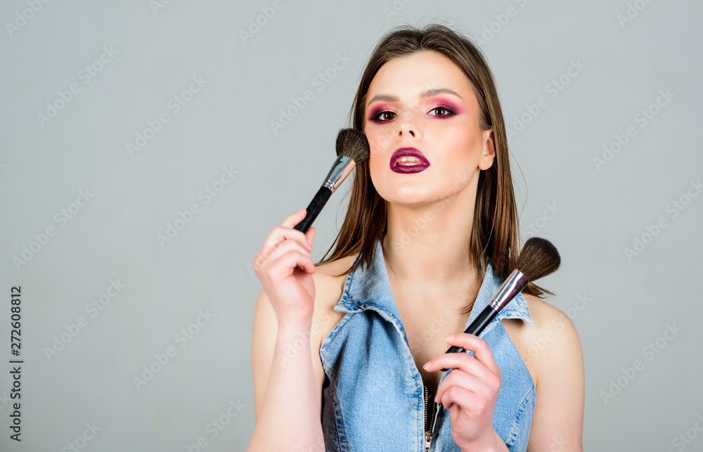 Emphasize femininity. Makeup artist concept. Girl apply powder eye shadows.  Looking good and feeling confident. Makeup dark lips. Attractive woman  applying makeup brush. Professional makeup supplies Stock Photo | Adobe  Stock