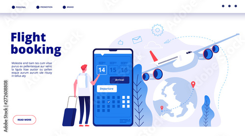 Flight booking. Online budget travel booking in internet plane flights reservation vacation holiday vector travelling service concept. Illustration of booking flight for travel by plane