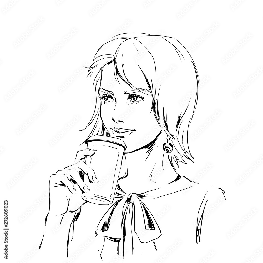 Fashion portrait of young woman holding cup of coffee. Line art illustration, sketch