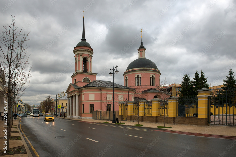MOSCOW - OCTOBER 27, 2018: View of the Temple of the Iberian Icon of the Mother of God on an autumn afternoon in bad weather. Bolshaya Ordynka Street, 39