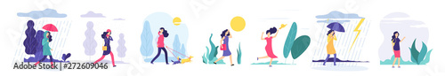 Woman various weather. Girl walking outdoors in different clothes snowfall cloudy wind heat rain with umbrella cold season vector set. Illustration of weather wind and sun, girl in jacket walk in rain