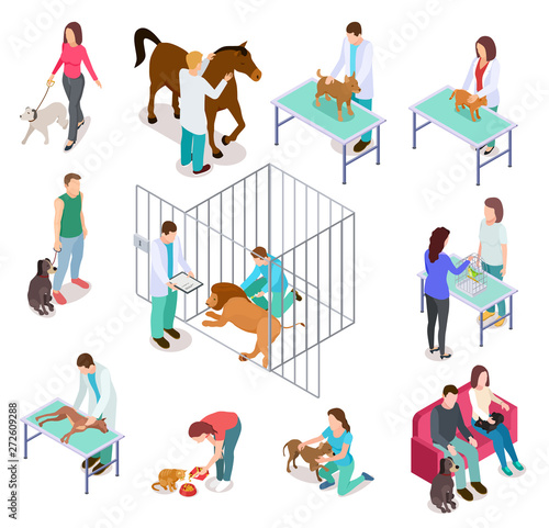 Isometric veterinary. Animals shelter people pet dog cat veterinarian volunteer veterinarians medicine clinic vector isolated set. Medical care dog cat, veterinary clinic, people with pet illustration