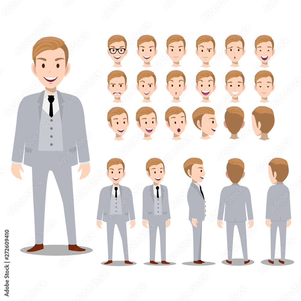 Cartoon character with business man in suit for animation. Man head set,  front, side, back, 3-4 view character. Separate parts of body. Flat vector  illustration. Stock Vector | Adobe Stock