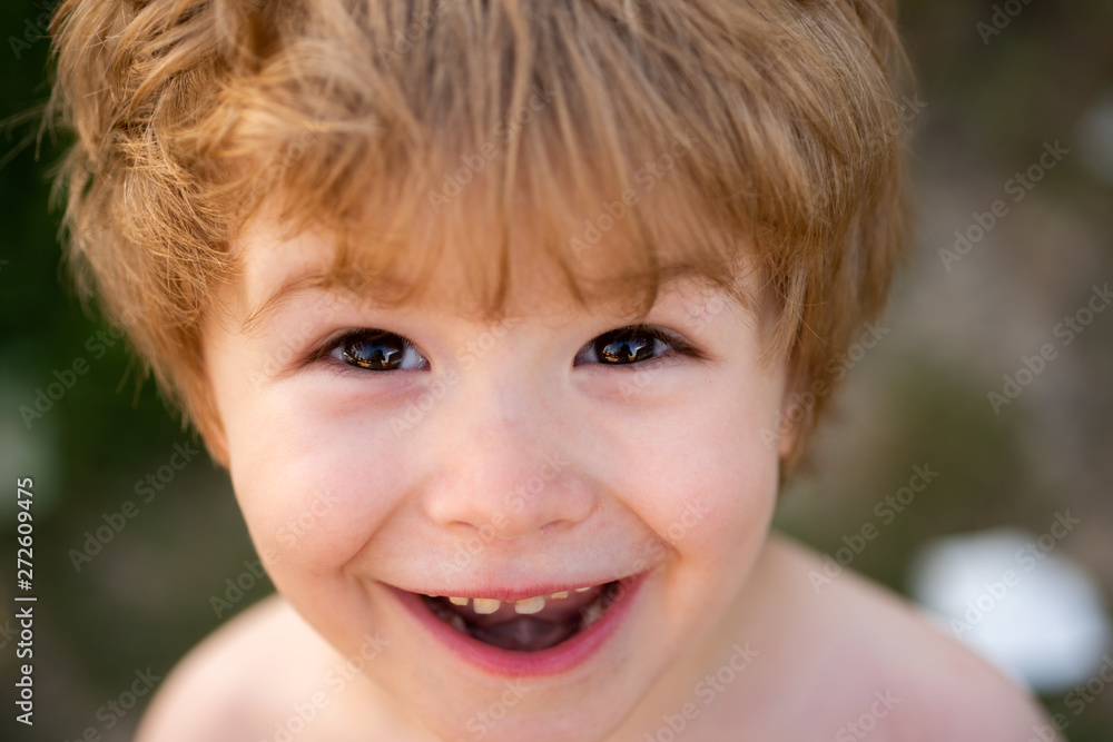Happy child. Baby teeth. Preschooler portrait. Cute face close up.