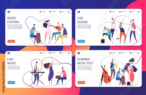 Music festival vector landing pages set template. Illustration of musician concert, festival page, live music play jazz