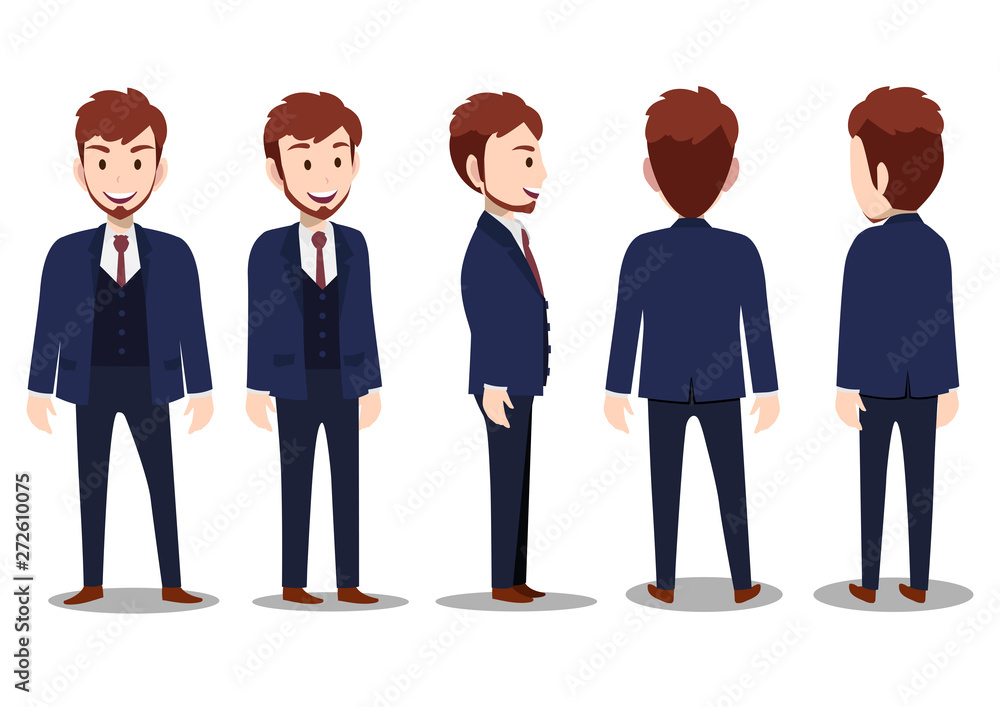 Cartoon character with business man in suit for animation. Front, side, back, 3/4 view character. Separate parts of body. Flat vector illustration. Cartoon character with business man in suit for animation. Front, side, back, 3/4 view character. Separate parts of body. Flat vector illustration.