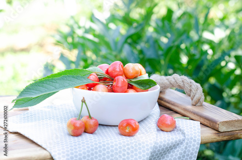 A white plate with fresh sweet cherry in the garden.