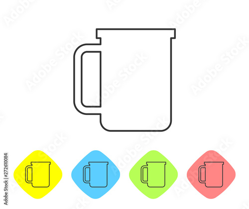 Grey Coffee cup flat line icon isolated on white background. Tea cup. Hot drink coffee. Set icon in color rhombus buttons. Vector Illustration