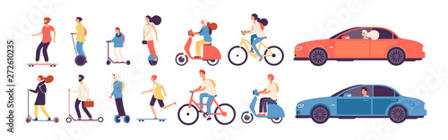 People riding. Man woman with electric vehicles ride motorbike skateboard scooter skate car bicycle roller gyroscooter vector set. Electric car and bicycle riding, vehicle and motorbike illustration
