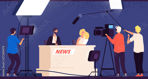 Tv studio news. Journalists stage desk tv broadcasting professional crew cameraman television interview show newscaster vector concept. Newscaster tv studio, broadcasting interview news illustration