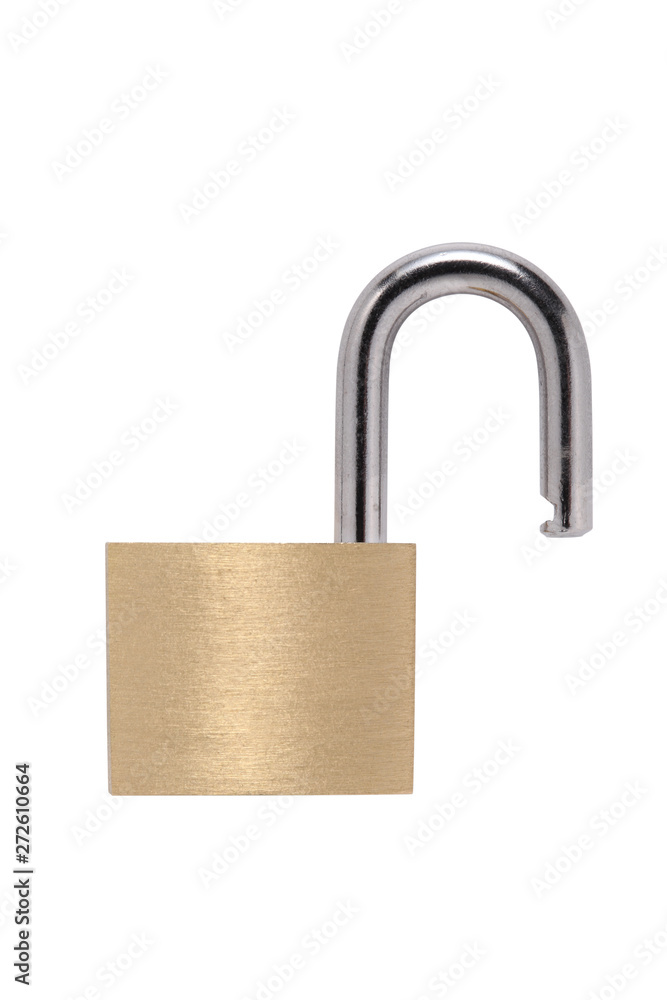 open metallic padlock isolated on white background with clipping path and copy space for your text open metallic padlock isolated on white background with clipping path and copy space for your text