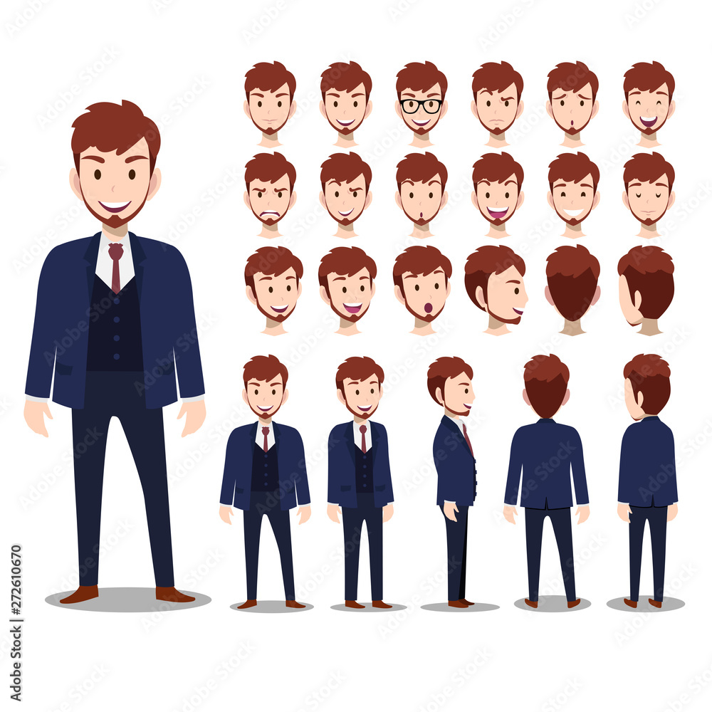 Cartoon character with business man in suit for animation. Front, side, back, 3-4 view character. Separate parts of body. Flat vector illustration. 032 [Converted]