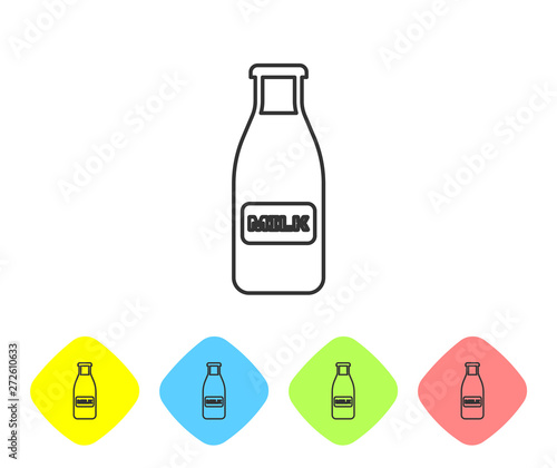 Grey Closed glass bottle with milk and cap line icon isolated on white background. Set icon in color rhombus buttons. Vector Illustration