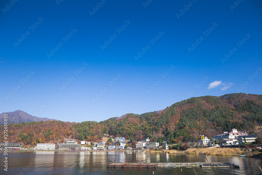 Beautiful landscape around lake kawaguchiko in autumn season at Yamanashi, Japan.