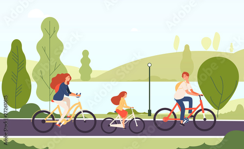 Family riding bikes. Happy parents daughter cycling bicycles together in outdoor park active lifestyle sports family vector concept. Illustration of parents with daughter ride by bicycle together