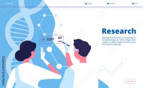 Research lab landing. Researchers scientists test dna in chemical laboratory. Pharmaceutical biochemistry vector concept. Illustration of research biochemistry, scientific biotechnology banner web