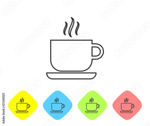 Grey Coffee cup line icon isolated on white background. Tea cup. Hot drink coffee. Set icon in color rhombus buttons. Vector Illustration