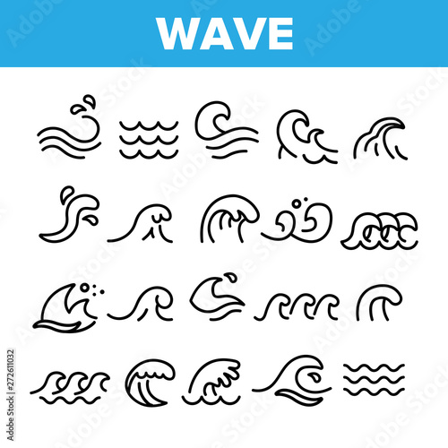 Sea And Ocean Waves Vector Linear Icons Set. Water Splashes, Wave With Foam Outline Symbols Pack. Surfing And Water Sport. Swimming And Sailing. River, Aqua Isolated Contour Illustrations