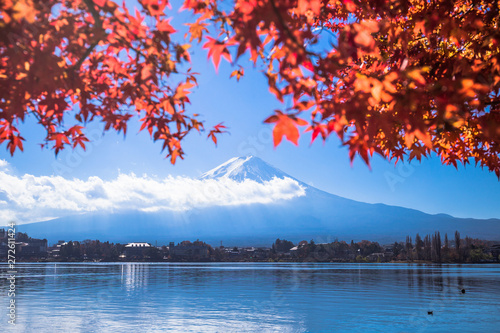 Colorful autumn season and Mount Fuji with maple leaves at lake Kawaguchiko in Japan
